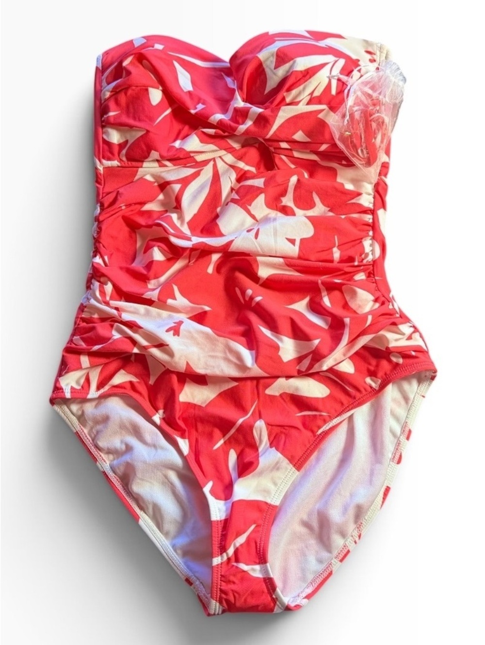 ANNE COLE coral white molded cup strapless tummy control one piece swimsuit New